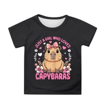 WhouRiu Toddler Girls' Tshirt Capybara Print Short Sleeve Tee Children Cozy Loose Sports Wear Breathable T Shirts Black,Sized 3-4