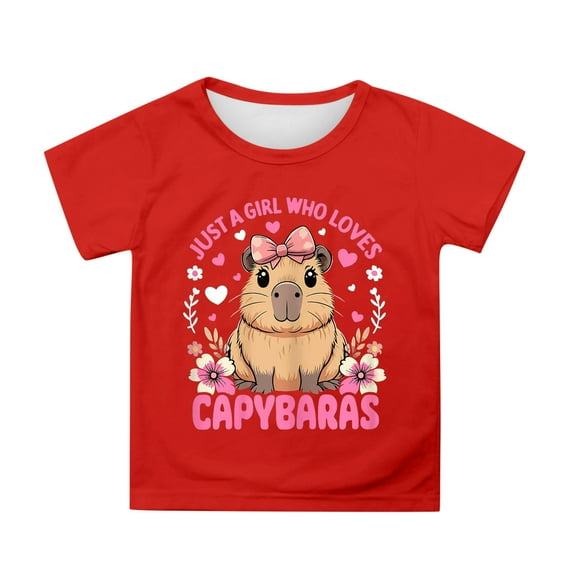 WhouRiu Toddler Girls' Tshirt Capybara Print Short Sleeve Tee Children Cozy Loose Sports Wear Breathable T Shirts Red,Sized 3-4
