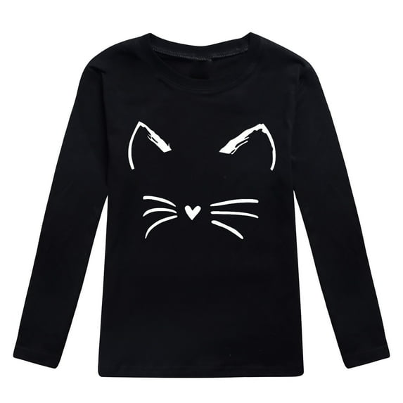 WhouRiu Toddler Girls Tshirts Long Sleeve Cartoon Cat Prints Tee Tops Kids Soft Autumn T Shirt Black,Sizes 2-3