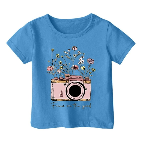 WhouRiu Toddler Girls' Tshirts Short Sleeve Graphic Prints T Shirt Children Summer Casual Tee Clothes Blue,Sizes 3-4