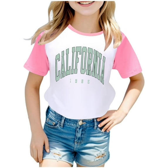 WhouRiu Toddler Girls Tshirts Us City Print Raglan Short Sleeve T Shirt Kids Sports Casual Tops Pink,Sizes 4-5
