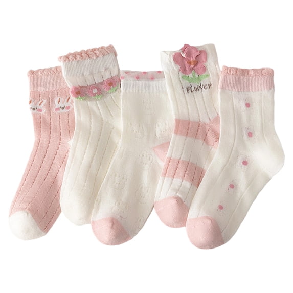 Whouriu 5 Pairs Infant Crew Socks Floral Rabbit Ruffle Soft Stretchy Summer Casual Dress Socks