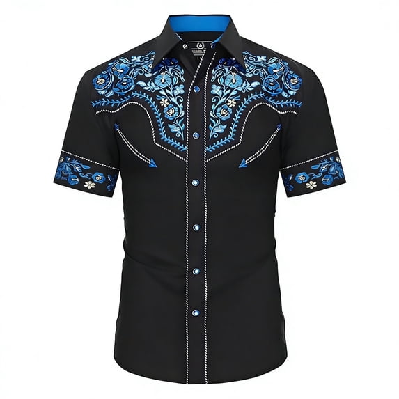 Whouriu Big Boy's Shirt Floral Embroidered Short Sleeve Button Shirt Summer Breathable Daily T Shirt Black