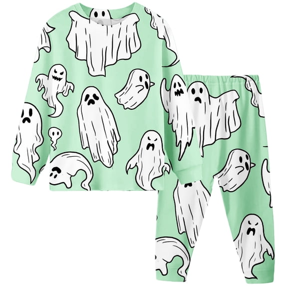 Whouriu Big Boys Halloween Loungewear Set Sketch Ghost Print Long Sleeve Top with Pants Casual Home 2Pcs Clothes Set