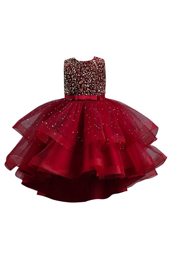 Big Girl Dress Sleeveless High-Low Tulle Princess Dress Elegant Baptism Birthday Party Gown Red,Size 3-13 Y