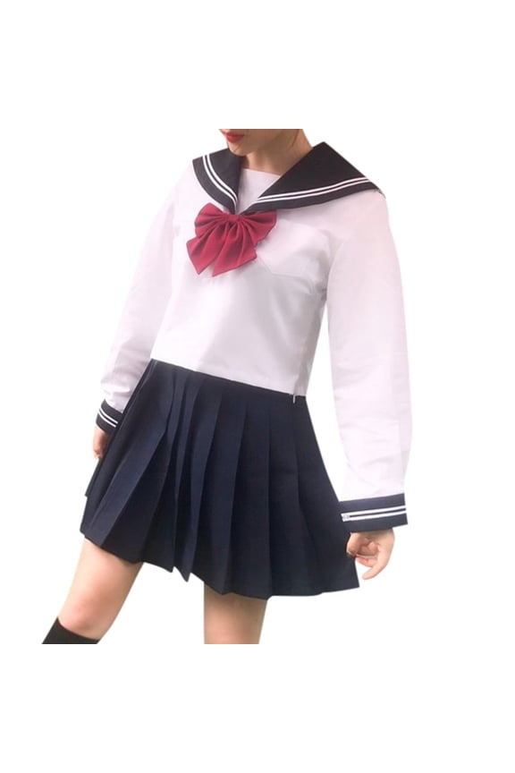 Big Girl Outfits High School Long Sleeve Shirt Sailor Skirt Role Play Summer Outfit Set,3-Piece White