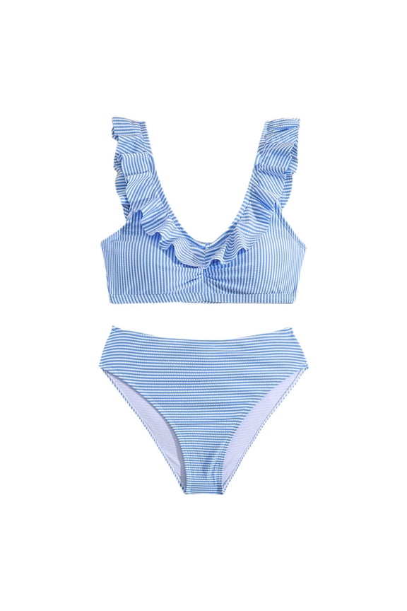 Big Girl's Two Piece Swimwear Ruffles Striped Bikini Set Stylish Beach Hot Spring Swimsuit Blue,Size 13-16 Y