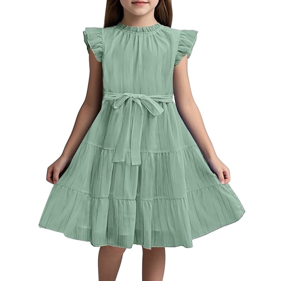 Whouriu Big Girls' Dress Ruffle Sleeve Tiered A Line Chiffon Dresses Elegant Summer Dance Party Dress Green,Size 6-16 Y