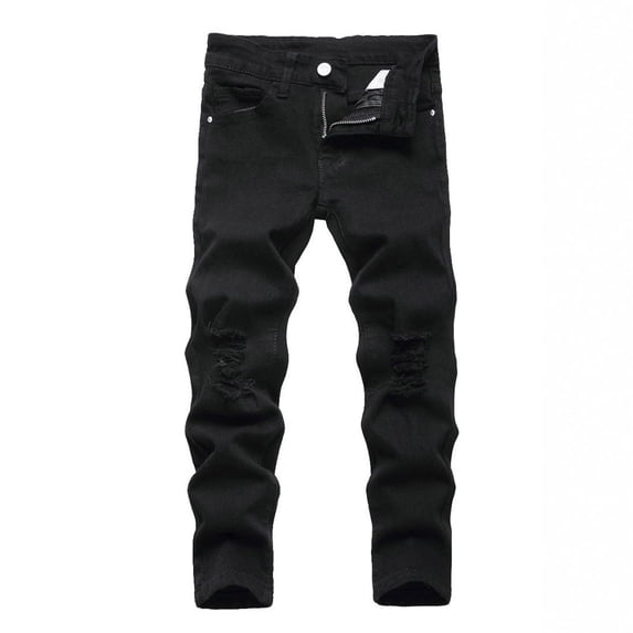 Whouriu Boys Casual Ripped Jeans Comfortable Stretch Washed Black Denim Trousers, Sizes 3-16