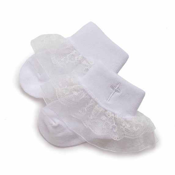 Whouriu Boys Girls White Christening Socks Gold Cross Embroidery Lace Ruffle Frilly Baptism Socks