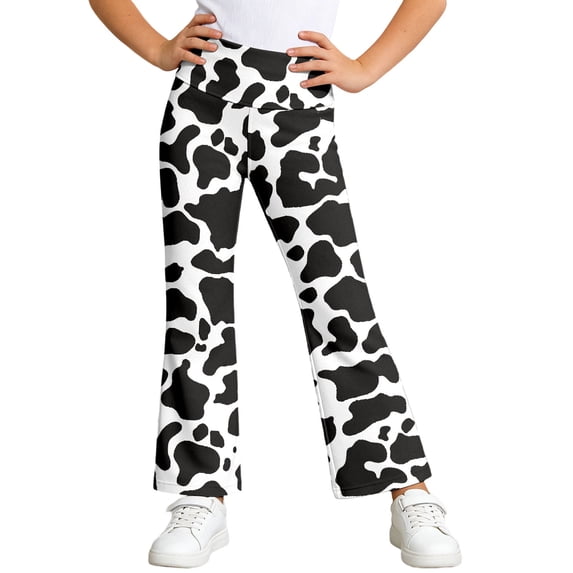 Whouriu Girls High Rise Leggings Cow Print Soft Stretch Workout Flared Pants, Sizes 1-14