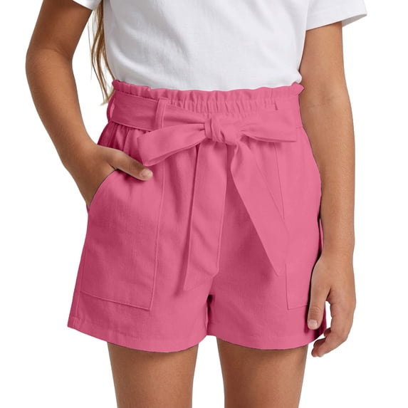 Whouriu Girls High Waist Shorts Summer Ruffle Solid Pull-On Shorts with Bow Belt, Sizes 4-14