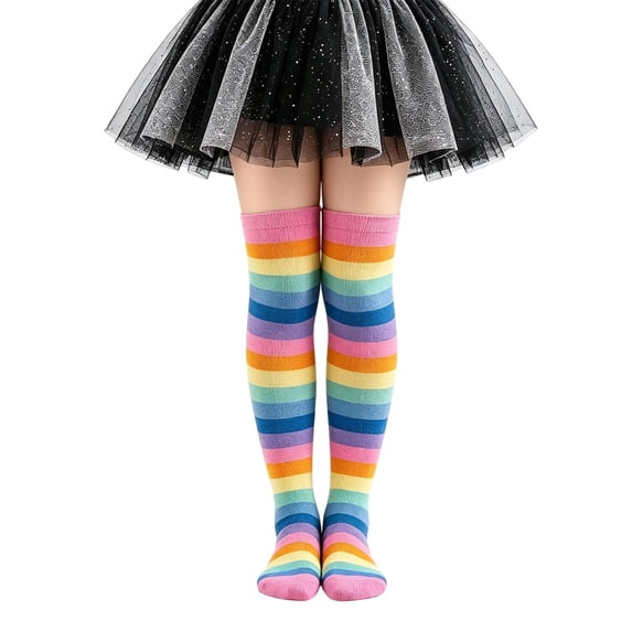 Whouriu Girls Rainbow Striped Over The Knee Socks Soft Polyester Stretchy Casual Dress Socks