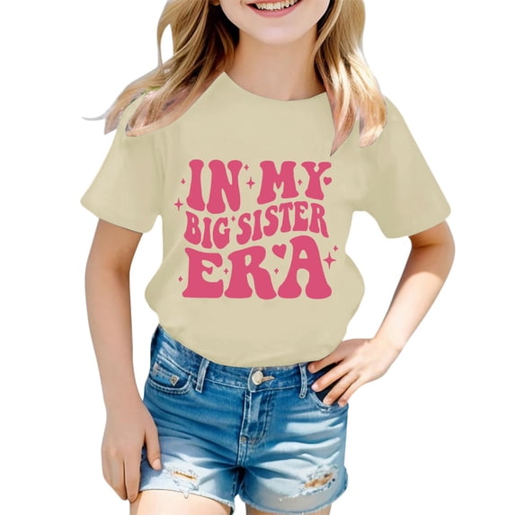 Whouriu In My Big Sister Era T Shirt For Infant Girls Letter Graphic Short Sleeve T-Shirt Sibling Reveal Announcement T-Shirt, Sizes 1-13 Years