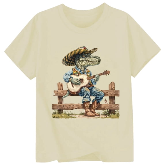 Whouriu Boys Western Dinosaur Guitar Print Tshirt Fashion Crewneck Short Sleeve T Shirt, Sizes 0-13 Years