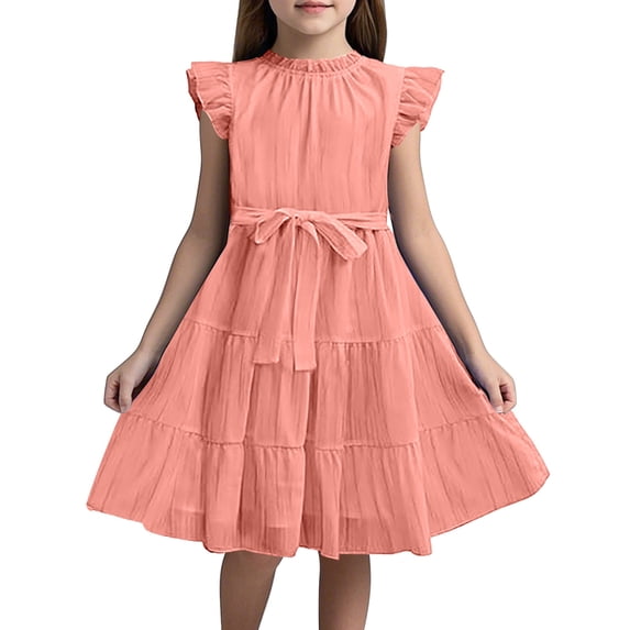 Whouriu Little Girls' Dress Ruffle Sleeve Tiered A Line Chiffon Dresses Elegant Summer Dance Party Dress Pink,Size 6-16 Y