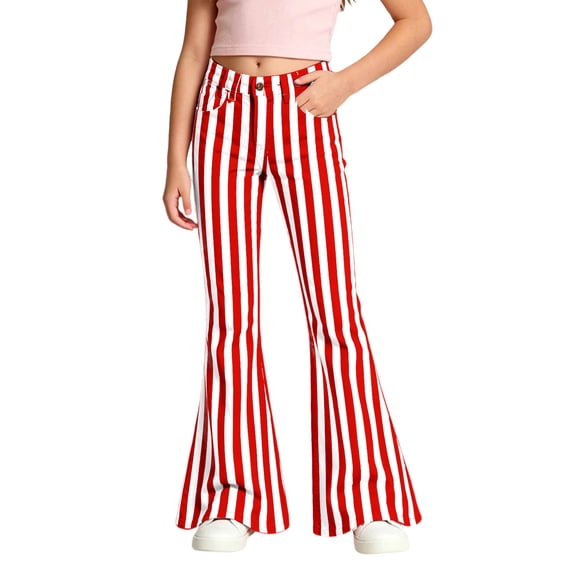 Whouriu Little Girls Flare Jeans Vertical Stripe Graphic Print Denim Pants with Pockets
