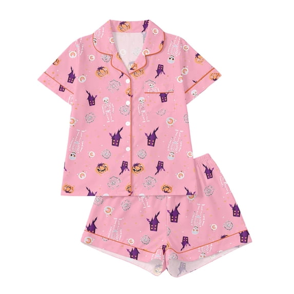 Whouriu Little Girls Halloween Loungewear Outfits Print Short Sleeve Button Down Top with Shorts Casual Bedtime Wear 2Pcs Clothes Set