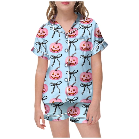 Whouriu Little Girls Halloween Sleepwear Set Pink Pumpkin Bow Print Short Sleeve Button Down Top with Shorts Casual Home 2Pcs Clothes Set
