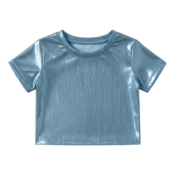 Whouriu Little Girls Metallic Crop Top Short Sleeve Crewneck Stage Performance Party Blouse, Sizes 3-12 Years