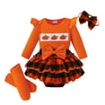 thumbnail image 1 of Whouriu Baby Halloween Outfit Set Cute Pumpkin Ruffle Romper Skirt Headband Leg Warmers Soft Party Wear 4Pcs Set, 1 of 8