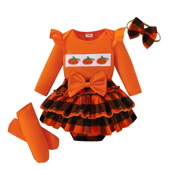 Whouriu Baby Halloween Outfit Set Cute Pumpkin Ruffle Romper Skirt Headband Leg Warmers Soft Party Wear 4Pcs Set