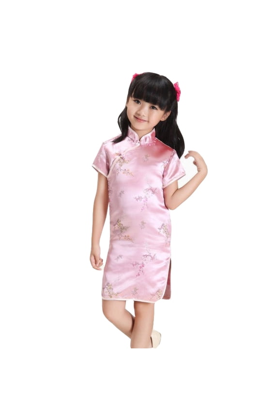 Newborn Girl Chinese Dress Floral Graphic Short Sleeve Cheongsam Birthday Party New Year Clothing Pink,Size 6 M-10 Y