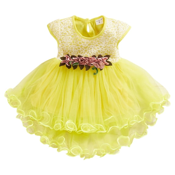 Whouriu Girl Dress Flowers Short Sleeve Tulle Princess Gown Baby Fashion Birthday Party Dresses Yellow,Size 0-24 M