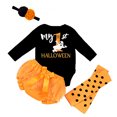 thumbnail image 1 of Whouriu Girls My First Halloween Outfit Set 4Pcs Ghost Letter Long Sleeve Romper with Tutu Shorts, Headband and Leg Warmers Holiday Photo Clothes Set, 1 of 4
