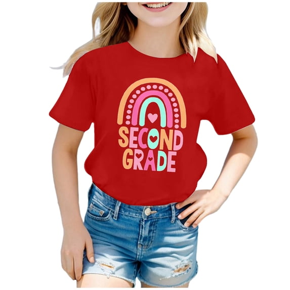 Whouriu Second Grade T Shirt Toddler Girls Rainbow Heart Print Short Sleeve Loose Comfy Kids T-Shirt
