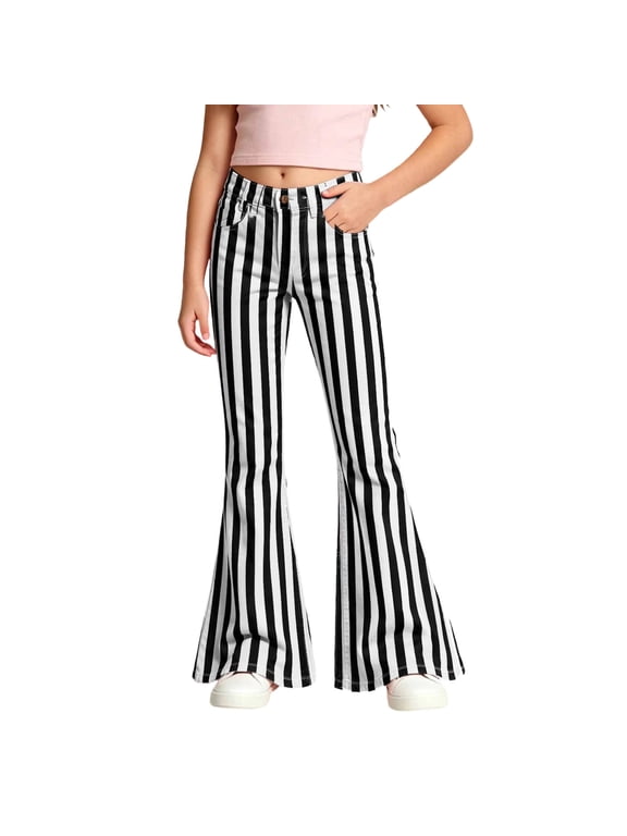 Girls Flare Jeans Vertical Stripe Graphic Print Denim Pants with Pockets