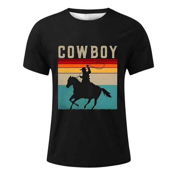 Whouriu Toddler Boys Tee Cowboy Horse Print Short Sleeve Round Neck Tshirt Cozy Trendy Lightweight T-Shirt, Sizes 2-13 Years