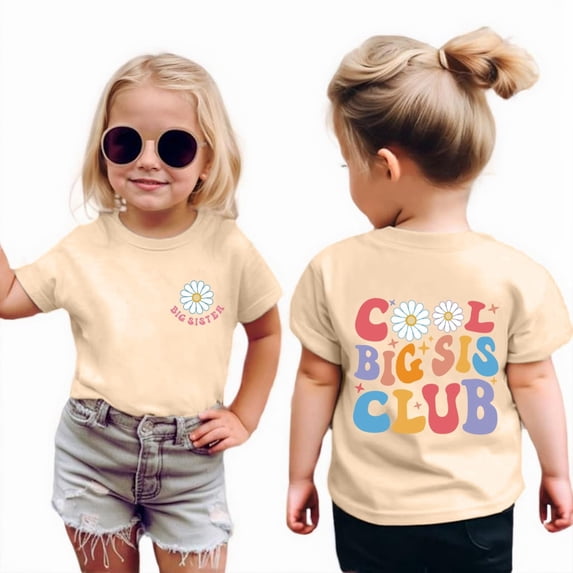 Whouriu Toddler Girls Cool Big Sis Club T-Shirt Flower Graphic Print Short Sleeve T Shirt Big Sister Pregnancy Announcement Tee, Sizes 3-13 Years