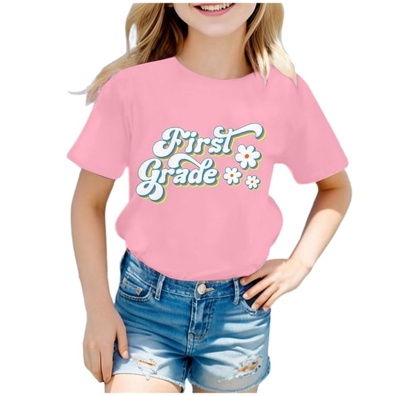 Whouriu Toddler Girls First Grade T Shirt Letter Print Short Sleeve Back To School T-Shirt