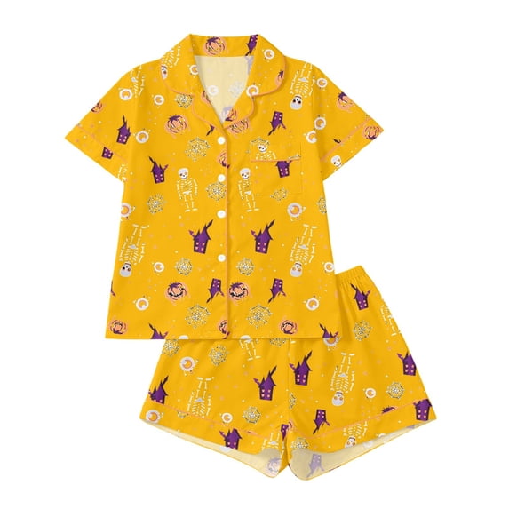 Whouriu Toddler Girls Halloween Loungewear Outfits Print Short Sleeve Button Down Top with Shorts Casual Bedtime Wear 2Pcs Clothes Set