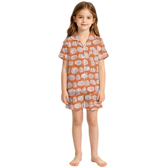 Whouriu Toddler Girls Halloween Outfits Cute Sketch Pumpkin Print Short Sleeve Button Down Top and Shorts Soft Sleepwear 2Pcs Set