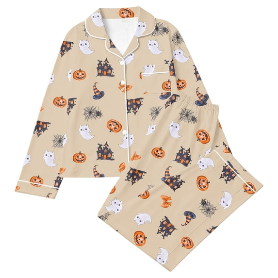 Whouriu Toddler Girls Halloween Outfits Pumpkin Print Long Sleeve Button Down Top and Pants Fall Soft Loungewear Set