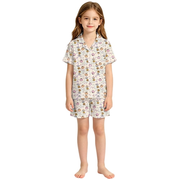 Whouriu Toddler Girls Halloween Outfits Pumpkin Print Short Sleeve Button Down Top and Shorts Summer Soft 2Pcs Sleepwear Set