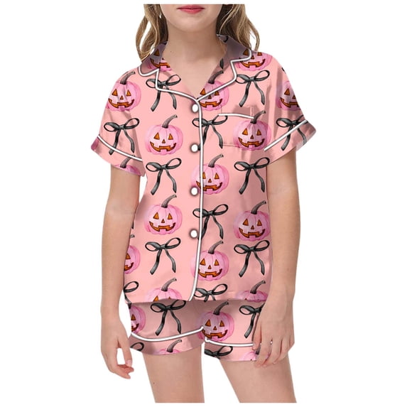 Whouriu Toddler Girls Halloween Sleepwear Set Pink Pumpkin Bow Print Short Sleeve Button Down Top with Shorts Casual Home 2Pcs Clothes Set