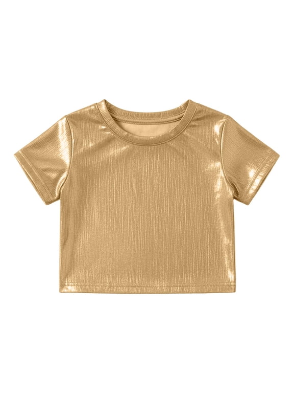 Toddler Girls Metallic Crop Top Short Sleeve Crewneck Stage Performance Party Blouse, Sizes 3-12 Years