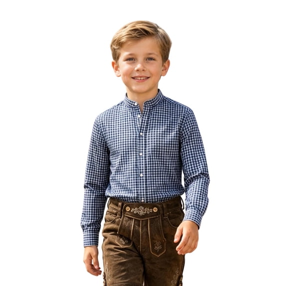 Whouriu Tween Boys Plaid Bavarian Shirt Gingham Stand Collar Long Sleeve Button Down Top Kids Lederhosen Shirt, Sizes 2-14 Years