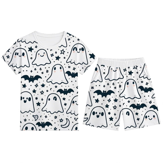 Whouriu Tween Girls Halloween Sleepwear Set Cute Ghost Bat Print Short Sleeve Top with Shorts Casual Home 2Pcs Clothes Set