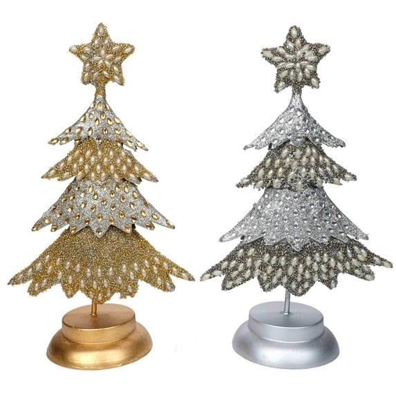 Whoville Christmas TreesColor: Silver, Gold & WhiteSize: 7.5"xSize: 14"Set of 2