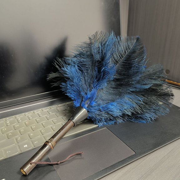 Whudwhu Small Ostrich Feather Duster with Purple Bamboo Handle, 12-inch Handmade Dusting Tool for Home Cleaning, Anti-Static Duster for Shelves, Decor & Cat Toy (Sea blue, Traditional Dyed)
