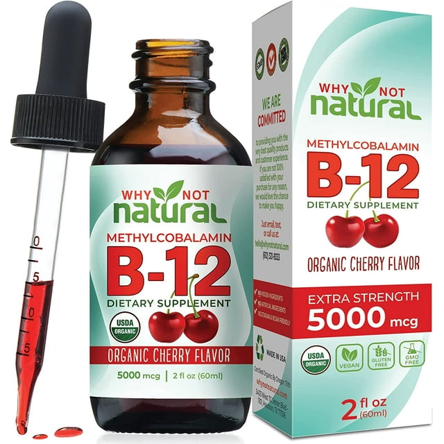 Organic Vitamin B12 Liquid 60 x 5000 mcg Methylcobalamin, Vegan