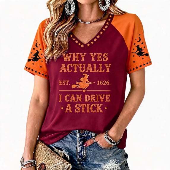 Why Yes Actually I Can Drive A Stick Shirt for Women, Plus Size V Neck Short Sleeve, Funny Halloween Witch Raglan Tops for Party, Style 09# M