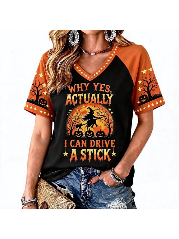 Why Yes Actually I Can Drive A Stick Shirt for Women, Plus Size V Neck Short Sleeve, Funny Halloween Witch Raglan Tops for Party, Style 24# XXL