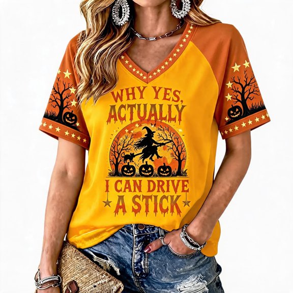 Why Yes Actually I Can Drive A Stick Shirt for Women, Plus Size V Neck Short Sleeve, Funny Halloween Witch Raglan Tops for Party, Style 33# XXL