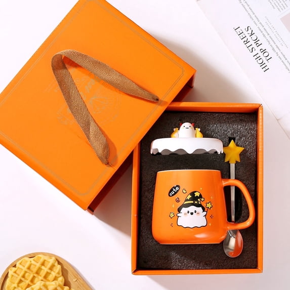 Whyan Cute Halloween Pumpkin Mug with Lid, 320ml Ceramic Coffee Cup, Heat-Resistant Handle, for Home Office Daily Use, Fun Fall Gift