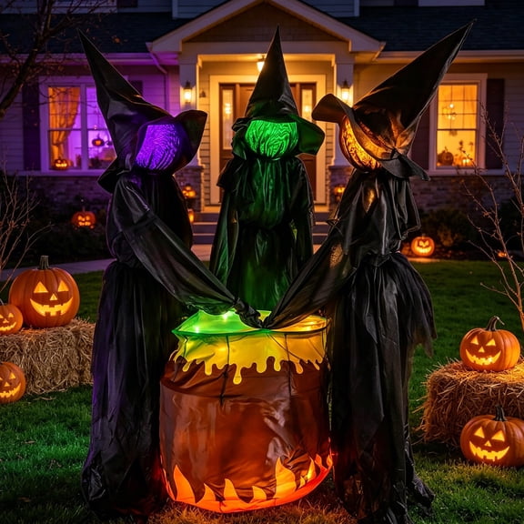 Whyan Halloween Witch Cauldron Yard Stakes, 3 Witches with LED Lights and Glowing Cauldron, Outdoor Garden Lawn Decor